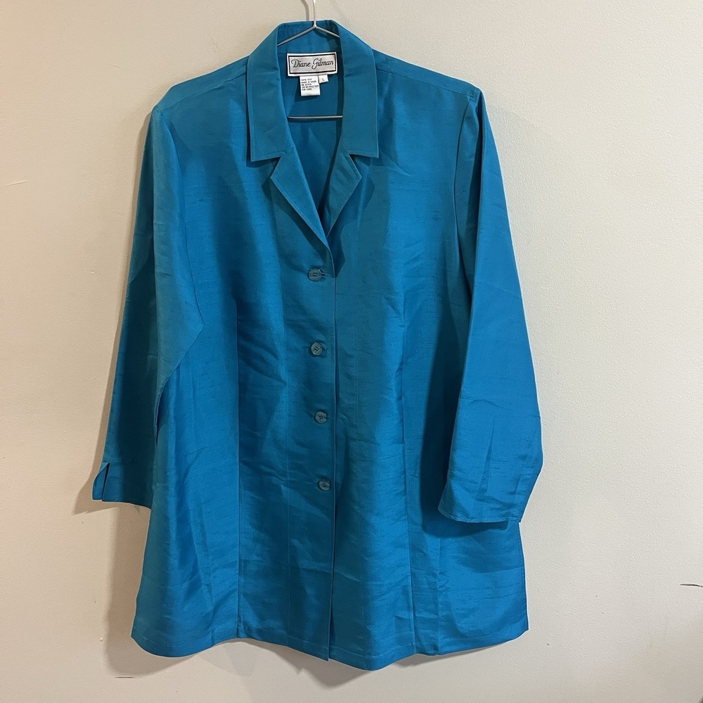 Vintage Diane Gilman Turquoise Blouse Sz L 100% Silk